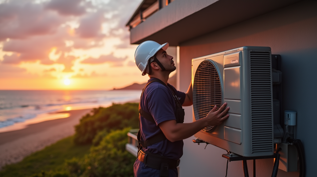 Tecnico instala un Aire Acondicionado en Jaco, Puntarenas.
